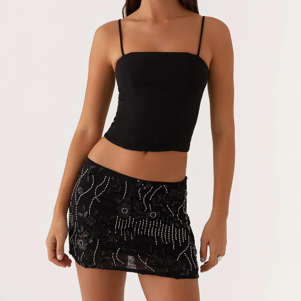 Women Sequin Mini Skirts Beaded Flower Y2k Pearl Embellished Low Rise Mini Bodycon Skirt Glitter Short Skirts Summer Streetwear