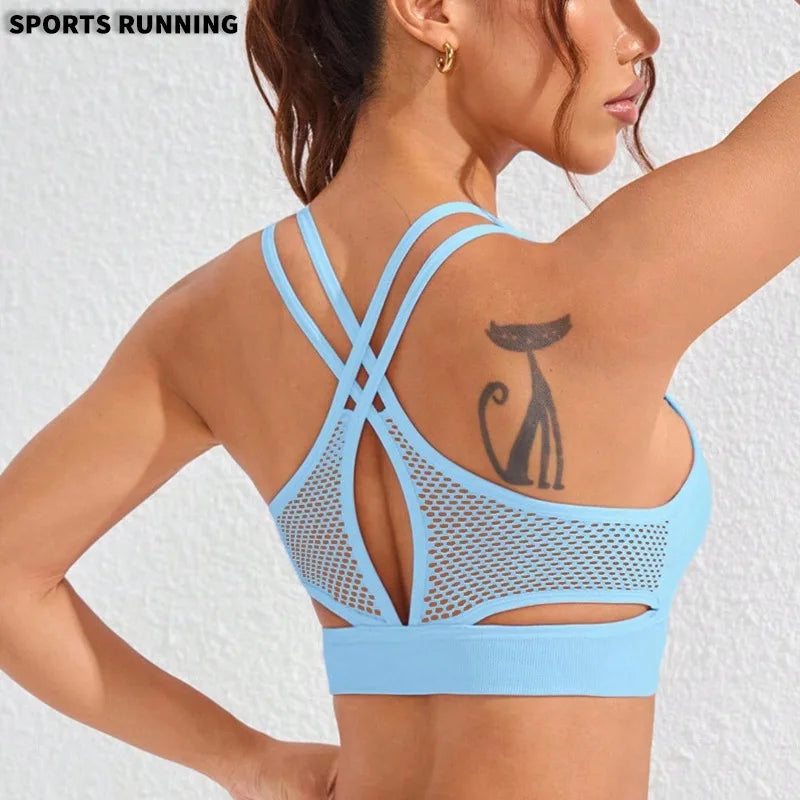 Color-blocked Yoga Top with Cross-straps Yoga Bra Stretchy Comfortable Breathable Sports Vest Wire-free Bra