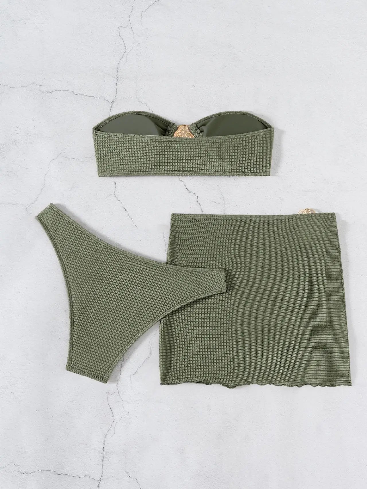2026 New Sexy Bandeau Bikini Women Metal Water Droplet Ornament Push Up Mesh Skirt 3 Piece Swimsuit Beach Bathing Suit Swimwear