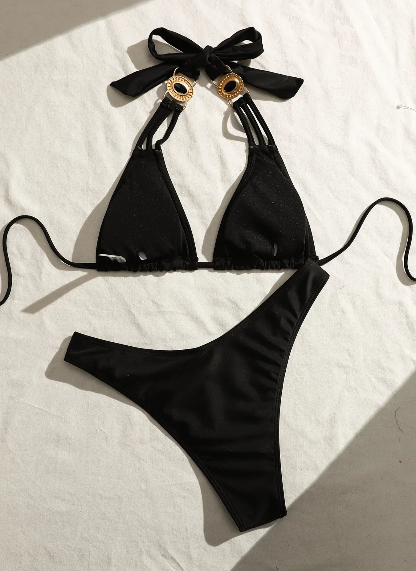 Luxury Rhinestone Bikini Set 2026 Sexy Black Diamond Halter Push Up Bra Metal Chain Thong Swimwear Beach Bathing Suit Swimsuit