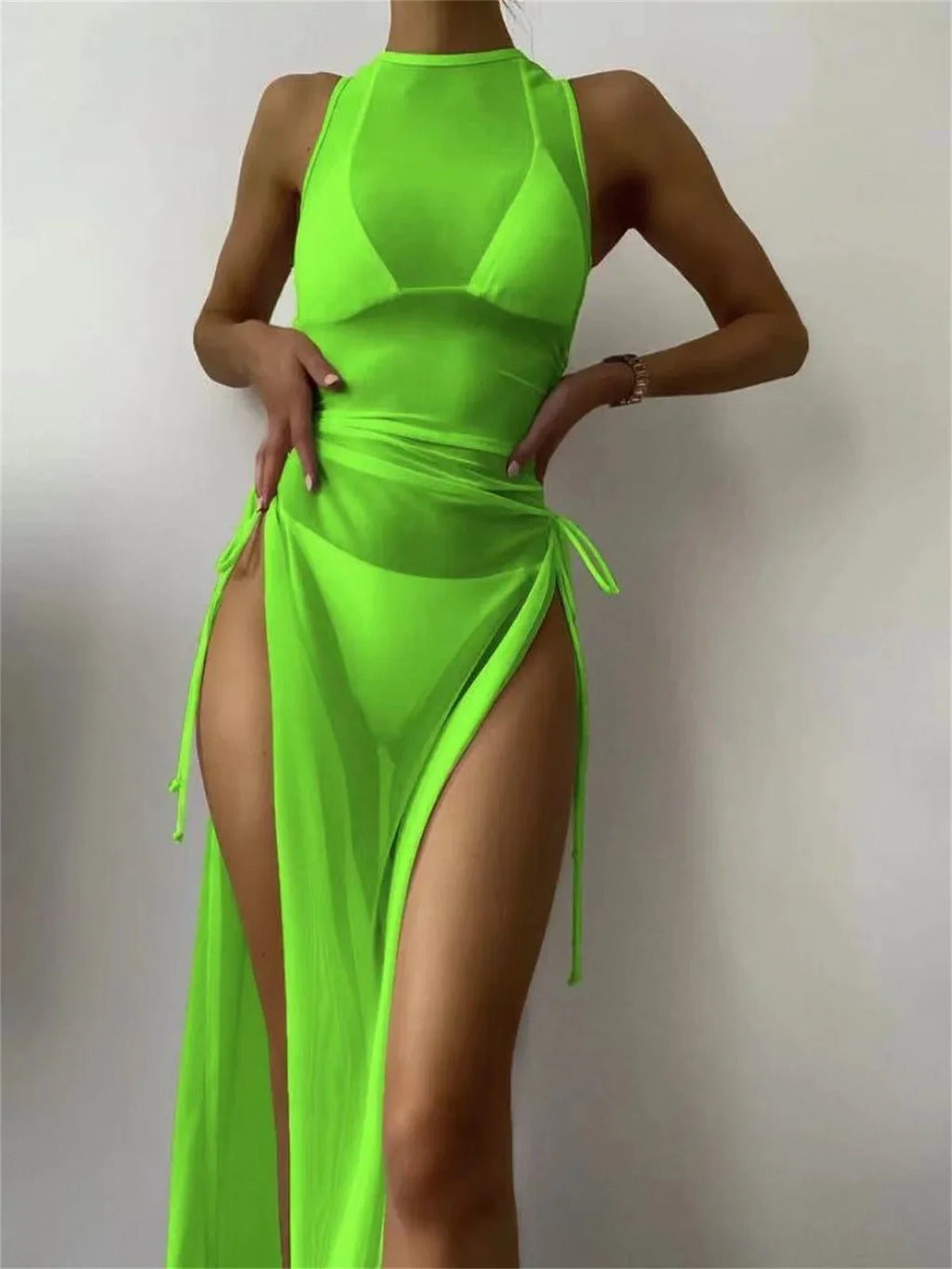 Sexy Sleeveless Mesh Bikini Cover Up Green White Dress 3 Piece Swimsuit Beach See Through Beach Bathing Suit Thong Swimwear 2024