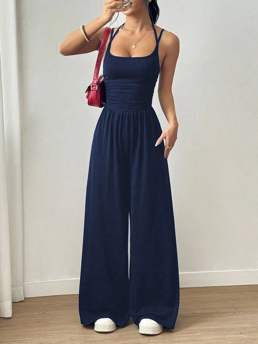 Women's Casual Solid Color Pleating Loose Straight Jumpsuit A-line Backless Halter Neck Slim Cami Jumpsuit Streetwear 2025