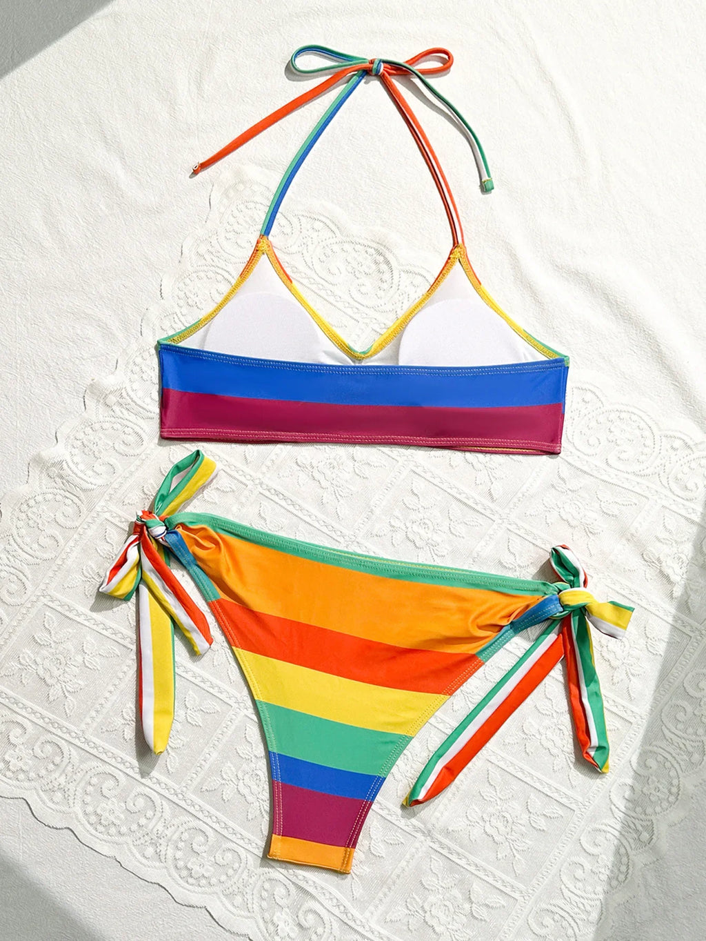 Women's Rainbow Color Bikini Set Sexy Beach Vacation Backless 2 Piece Swimsuit 2024 Summer Bathing Suit Bra Push Up Swimwear