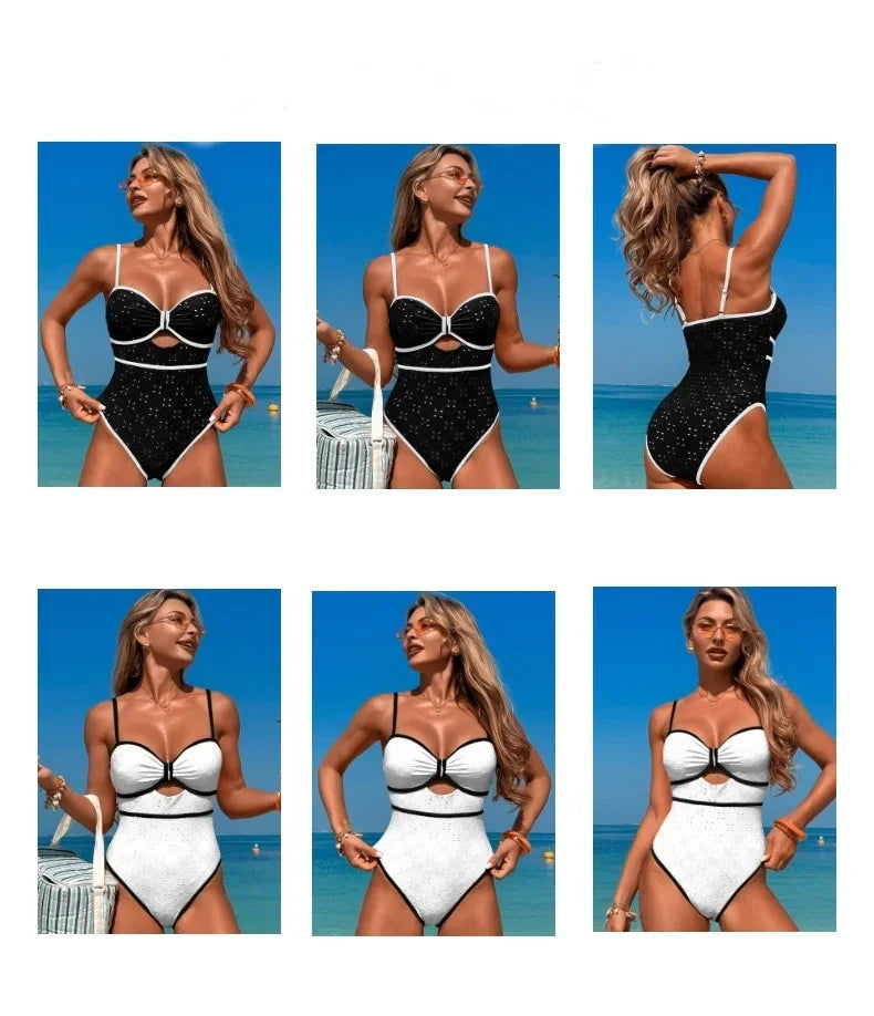 Sexy White Dot Print Print One Piece Swimsuit 2025 Women Hollow Hole Out Front Bow Push Up Beach Bathing Suit Holiday Swimwear
