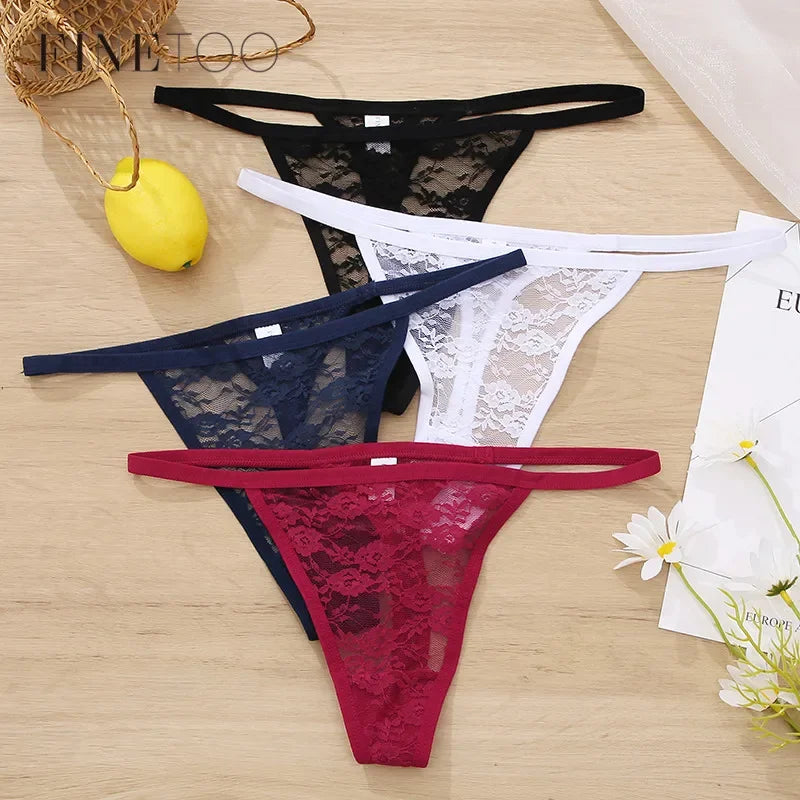 5PCS Sexy Lace Cotton Floral G-String Transparent Thong Seamless Women Low Waist Panties Underwear Solid Color Lingere Intimates