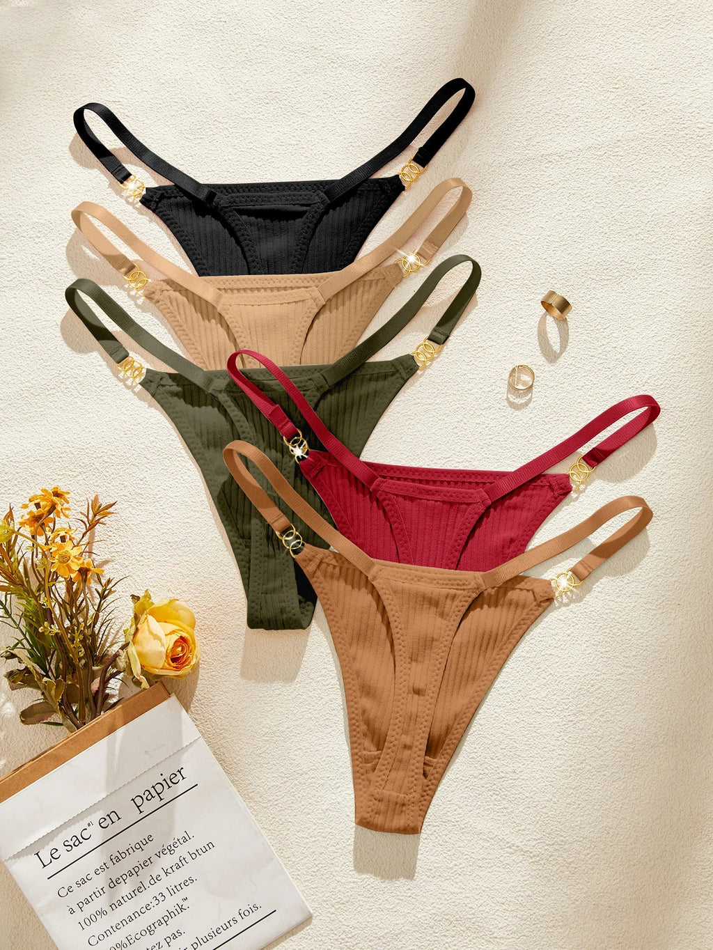 5Pcs/Set Sexy Women Panties Solid Ribbed G‑String Thong Metal Ring Soft Female Sexy Lingerie Underwear