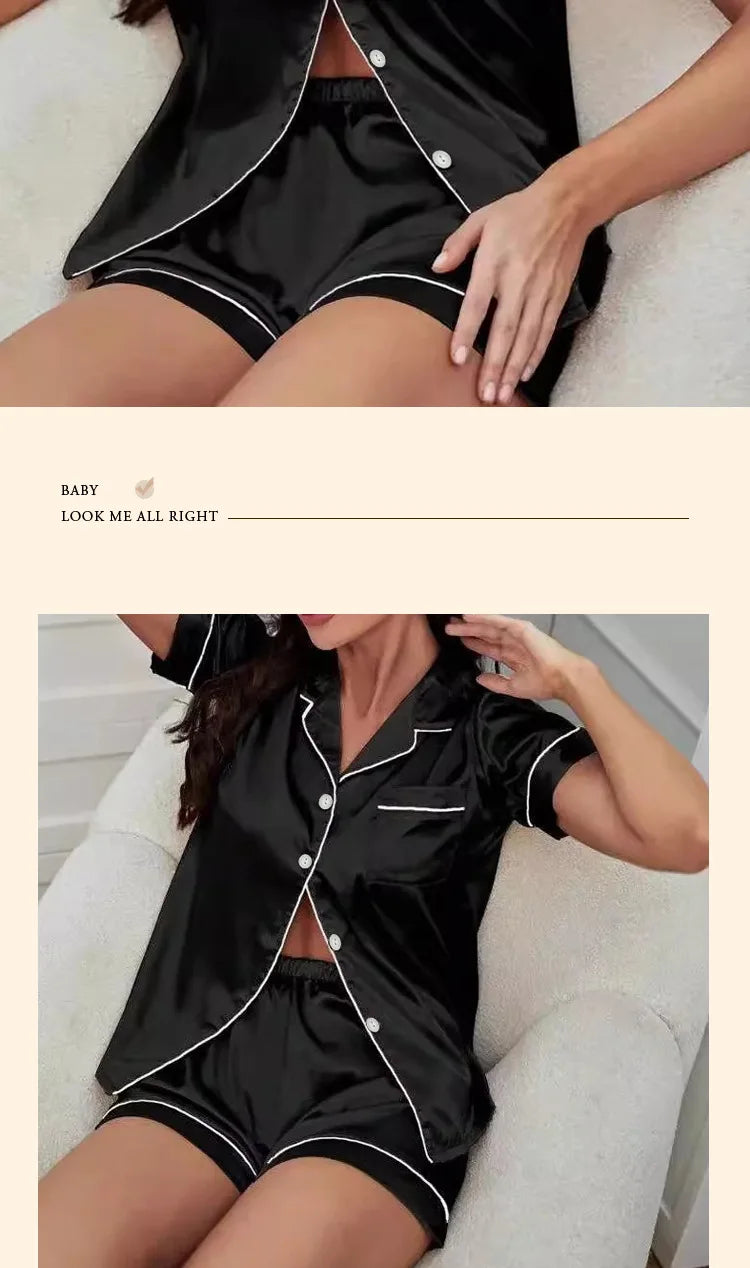 Sweet Simple Ice Silk Pajamas for Women  Thin Short-sleeved Home Clothes Suit Nightwear Women's Pajamas Set Nightie Summer