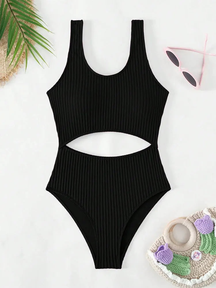 Sexy White One Piece Swimsuit Women New Hollow Out Swimwear 2024 Ribbed Bathing Suit Push Up Monokini Beach Swimming Suit Summer