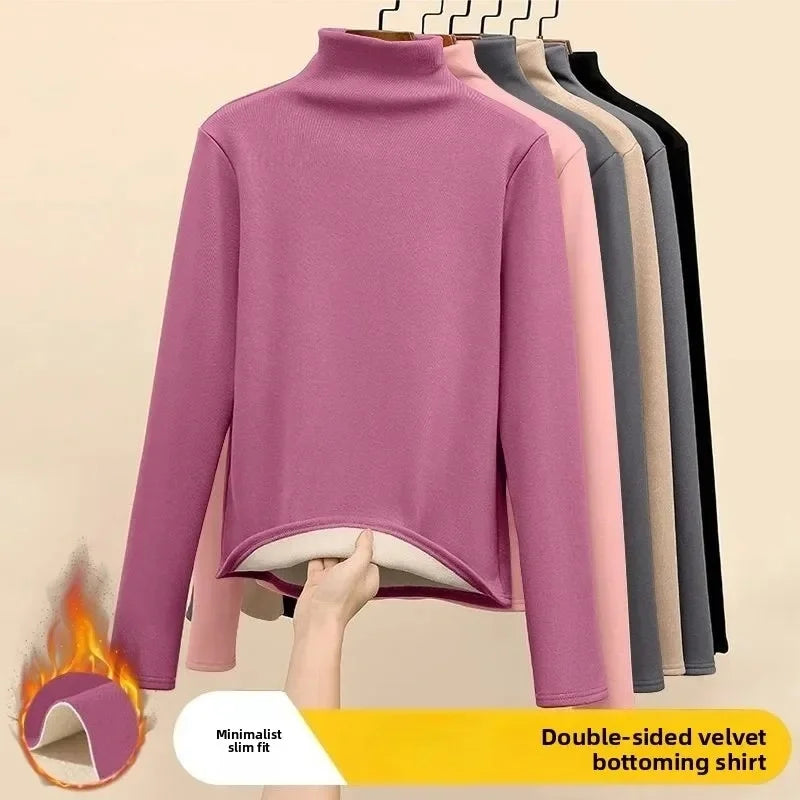 Women Thermal Underwear Winter Thickened and Flannel Bottom Shirt Solid Long Sleeve Basic T-Shirt Heating Fiber Pullovers