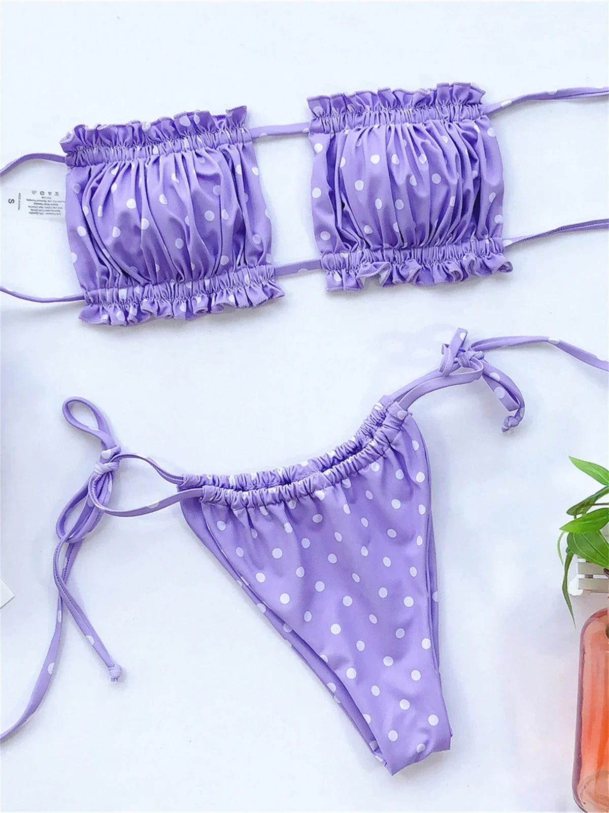 Elegant Purple Swimwear Women Sexy Off Shoulder Pleate Bikini Bandeau Hollow Out Lace-Up Push Up Bathing Suit Thong Swimsuit
