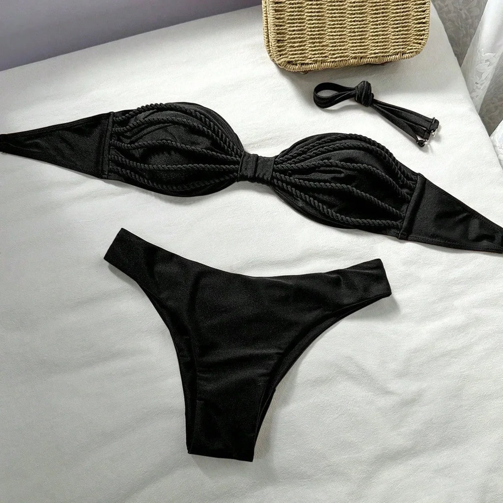 Sexy Bandeau Bikini 2026 Women Coffee Braiding Rope Pleate Tie Push Up High Waist Swimsuit Beach Holiday Bathing Suit Swimwear