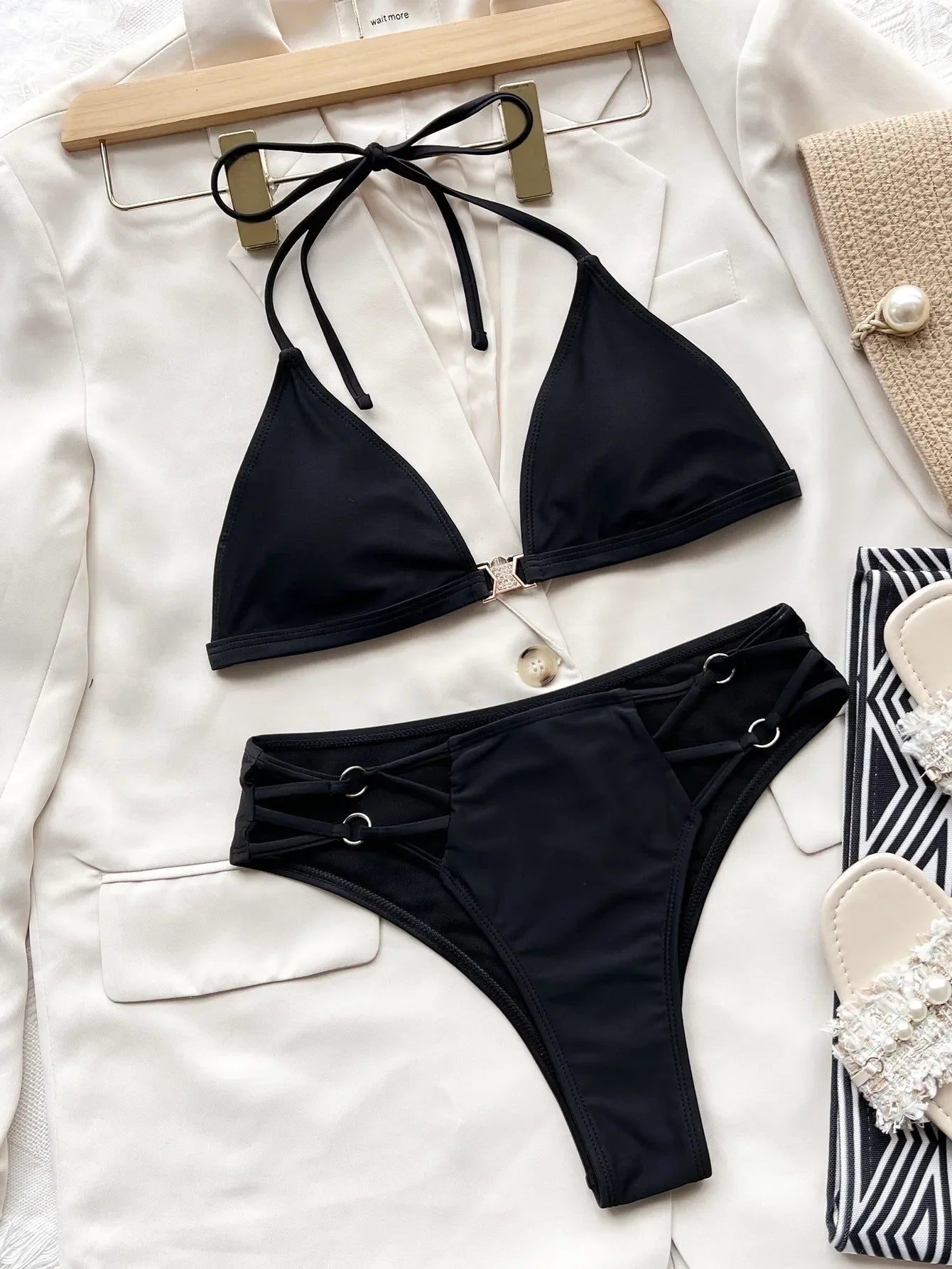 Sexy Hollow Out High Waist Bikini Set 2026 Women Black Rhinestones Buckle Push Up Swimsuit Brazilian Beach Bathing Suit Swimwear