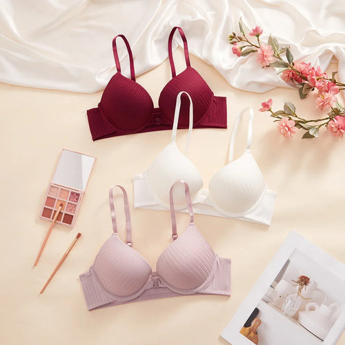 1 3 5Pcs Pure and Simple Everyday Solid Bra Push up Sexy Bras Ribbed Fabric with Unlined Sweet Women's Underwear