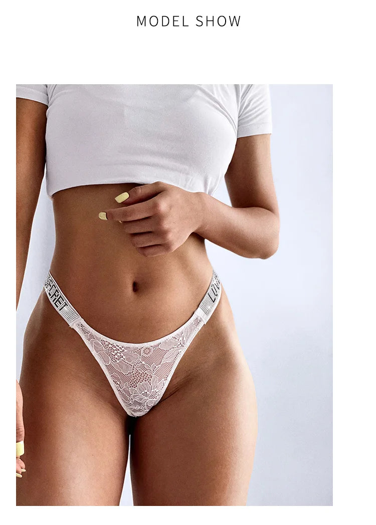 Rhinestone Lace Letter Sexy G String Women Panties Seamless Girls Underwear Transparent Thong For Female Low Rise Ladies Briefs