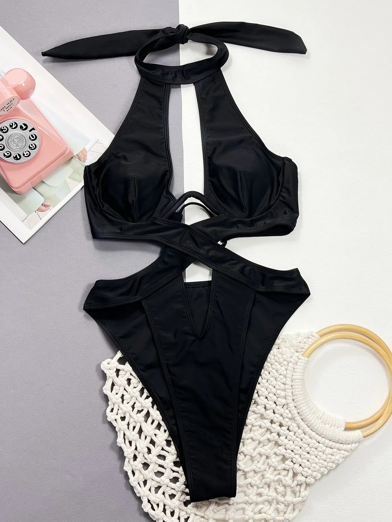 Sexy Hollow Out Bikini Set 2026 Women Black One Shoulder Bandage One Piece Swimsuit Summer Bathing Suit High Waist Swimwear