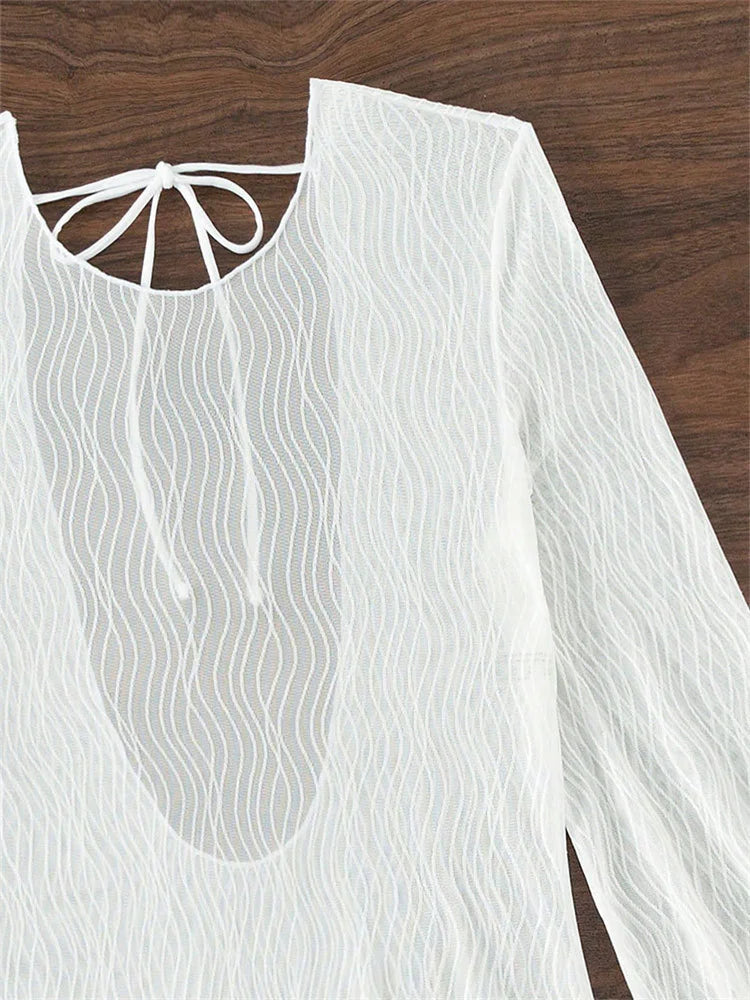 Bikini Beach Outfits Sexy Elegant Long Sleeve Mesh Solid White Dresses and Tunics for Women Cover-Up Swimwear Summer Dress