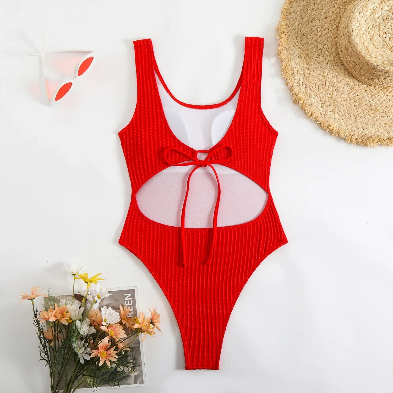 Sexy Red White Swimwear Women 2025 Hollow Out Backless Slimming Tummy Control One Piece Swimsuit Bathing Suit Holiday Monokini