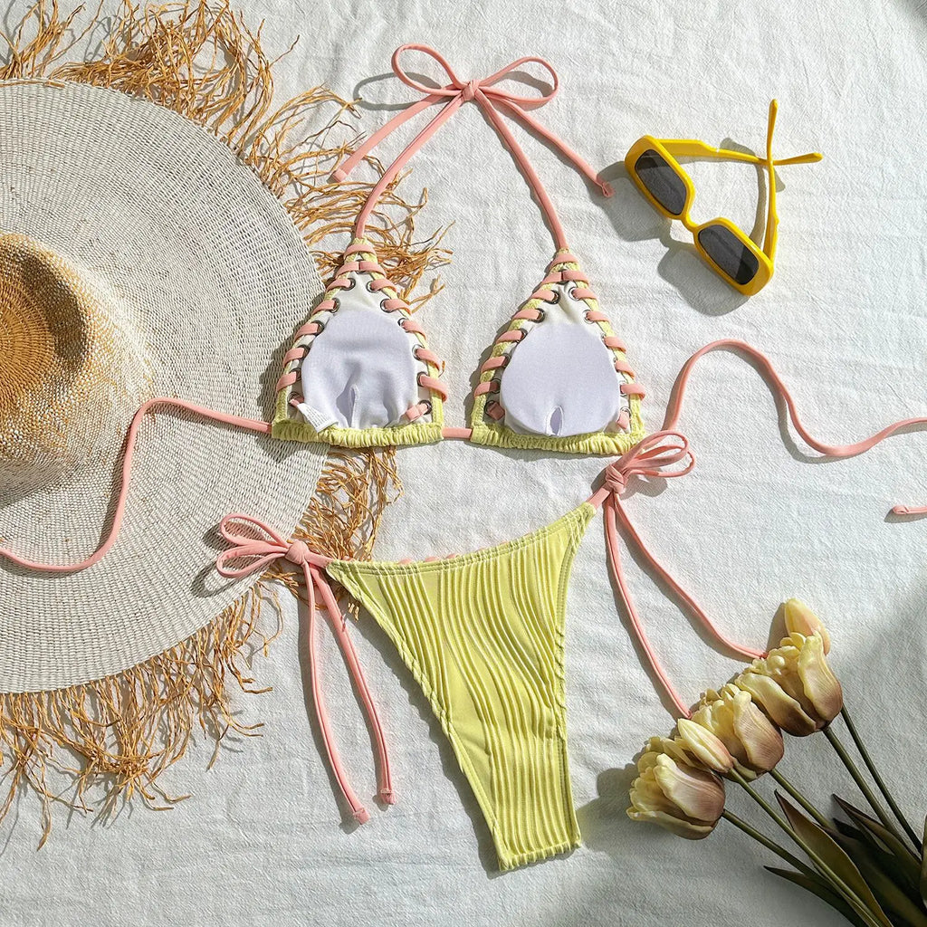 Sexy Micro Bikini 2025 Women Beige Brown Pink Weave Bandage Cross Crochet Swimsuit Brazilian Beach Bathing Suit Thong Swimwear