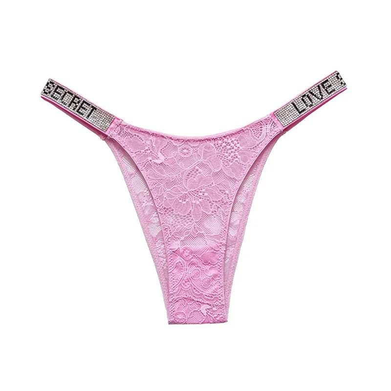 Rhinestone Lace Letter Sexy G String Women Panties Seamless Girls Underwear Transparent Thong For Female Low Rise Ladies Briefs