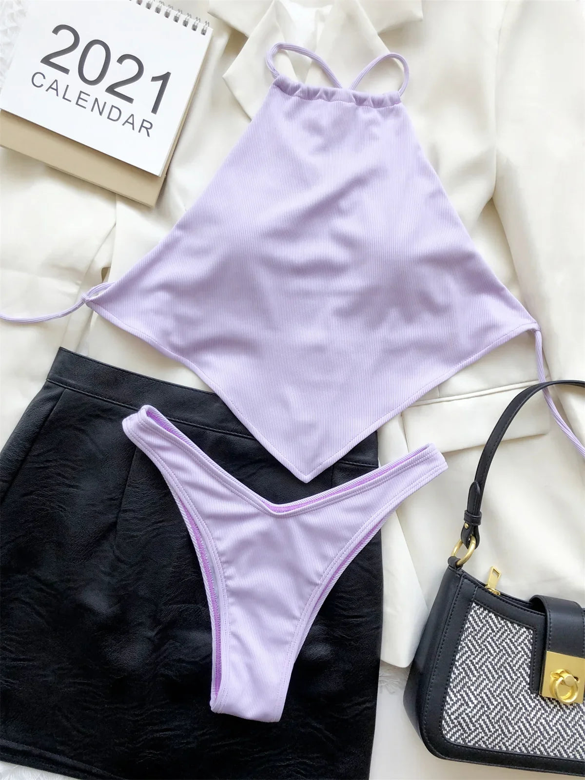 Sexy Ribbed Bikini Set Blue Pink High Neck Cut Out Push Up Crop Top 2 Piece Swimsuit Bathing Suit Thong Swimwear 2024 Beachwear