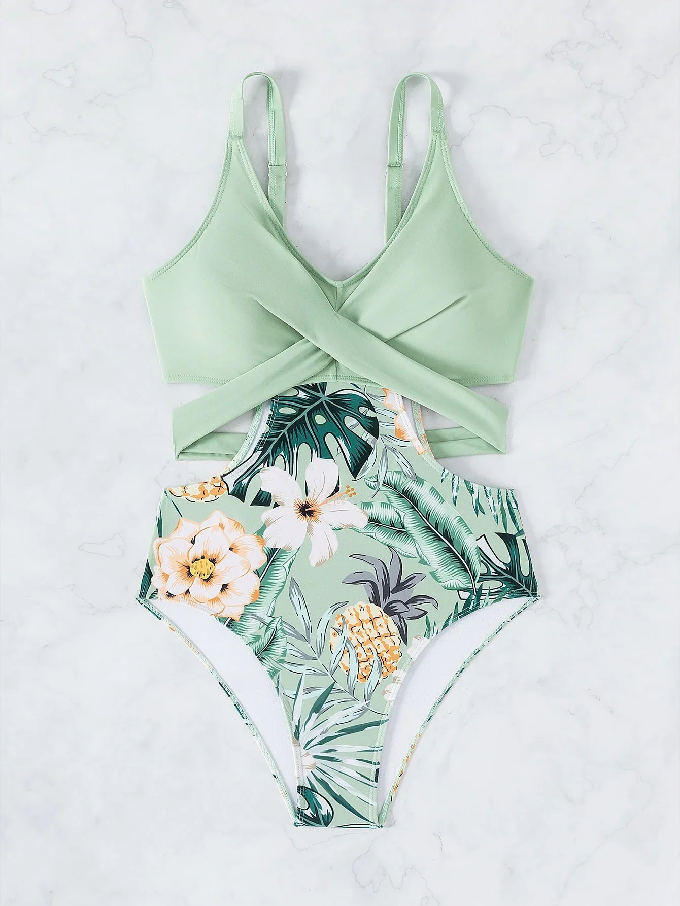 One Piece Swimsuit Women Vintage Green Floral Print Hollow Out Backless High Waist Bikini 2025 Bathing Suit Bandage Swimwear