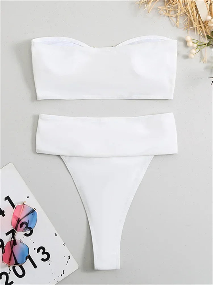 Luxury Metal Designer High Waist Bikinis Sets Women Solid White Black Bandeau Push Up Swimwear 2024 Bathing Suit Thong Swimsuit