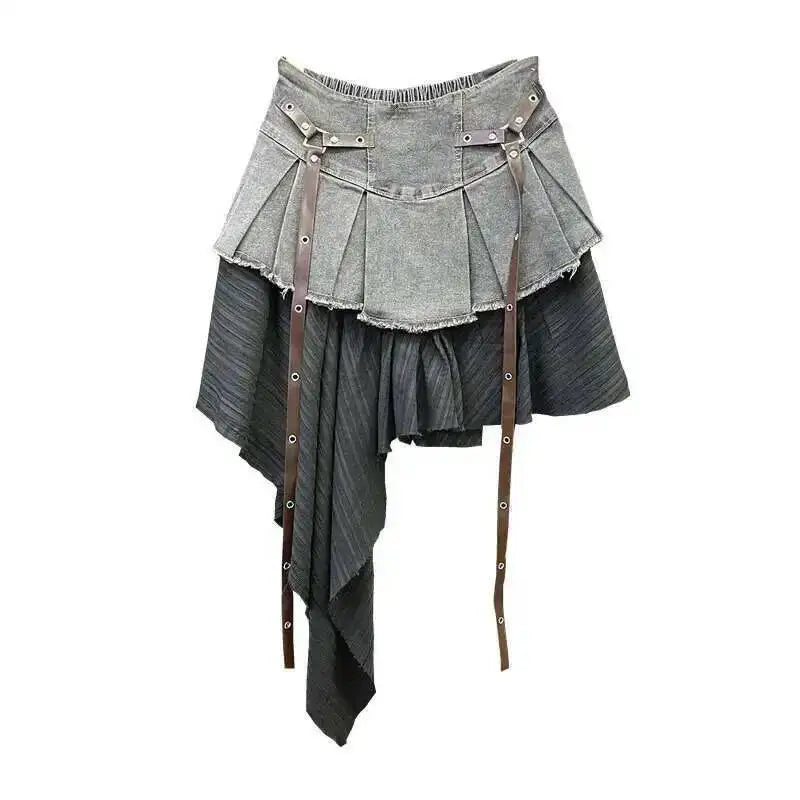Retro Spliced Denim Pleated Skirt For Women Summer New Temperament Hot Girl Fashionable High Waist A-line Skirt Fashion AS1C