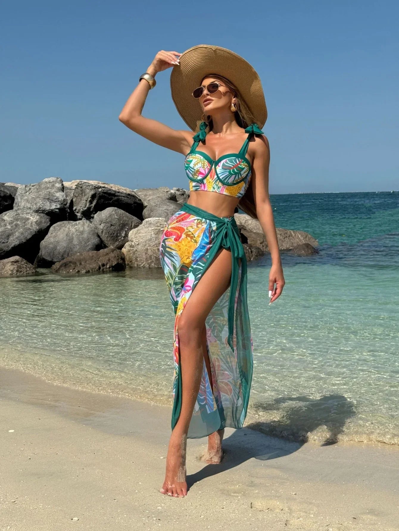 Vintage Green Leaves Print Bikini Set 2026 Women Tie Strap Push Up Underwire Long Skirt 3 Piece Swimsuit Bathing Suit Swimwear