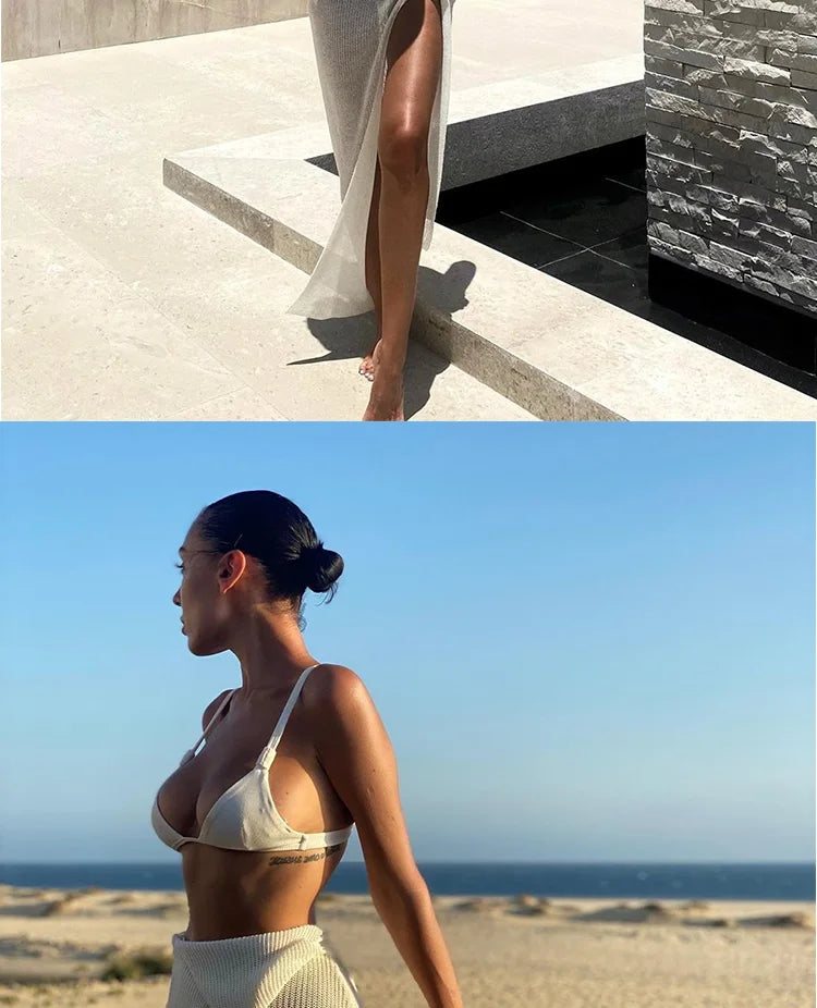 2023 New Crochet Beach Maxi Dress for Women See Through Sexy Bikini Plunge Backless Bandage Sleeveless Lacing Split Long Dresses