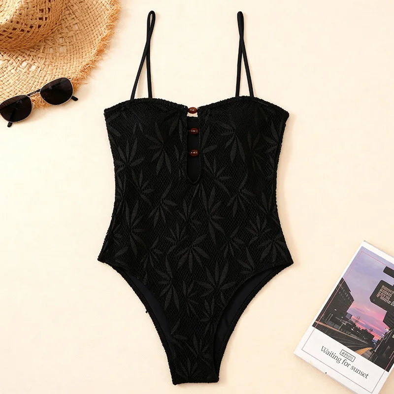 2026 Vintage Coffee Leaves Print One Piece Swimsuit Women Beaded String Hollow Out Backless Mesh Slim Fit Tummy Control Swimwear