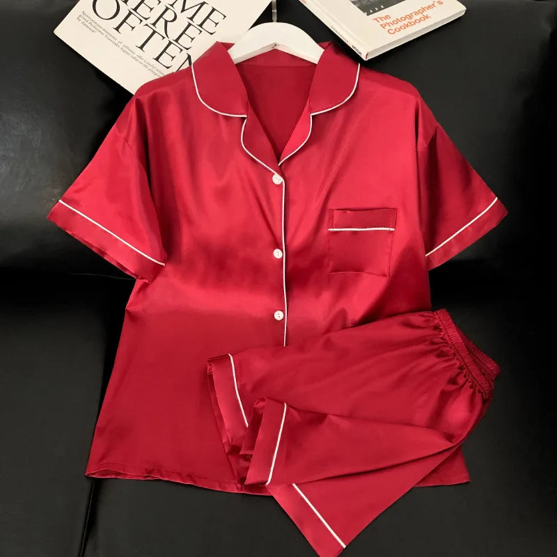 Sweet Simple Ice Silk Pajamas for Women  Thin Short-sleeved Home Clothes Suit Nightwear Women's Pajamas Set Nightie Summer