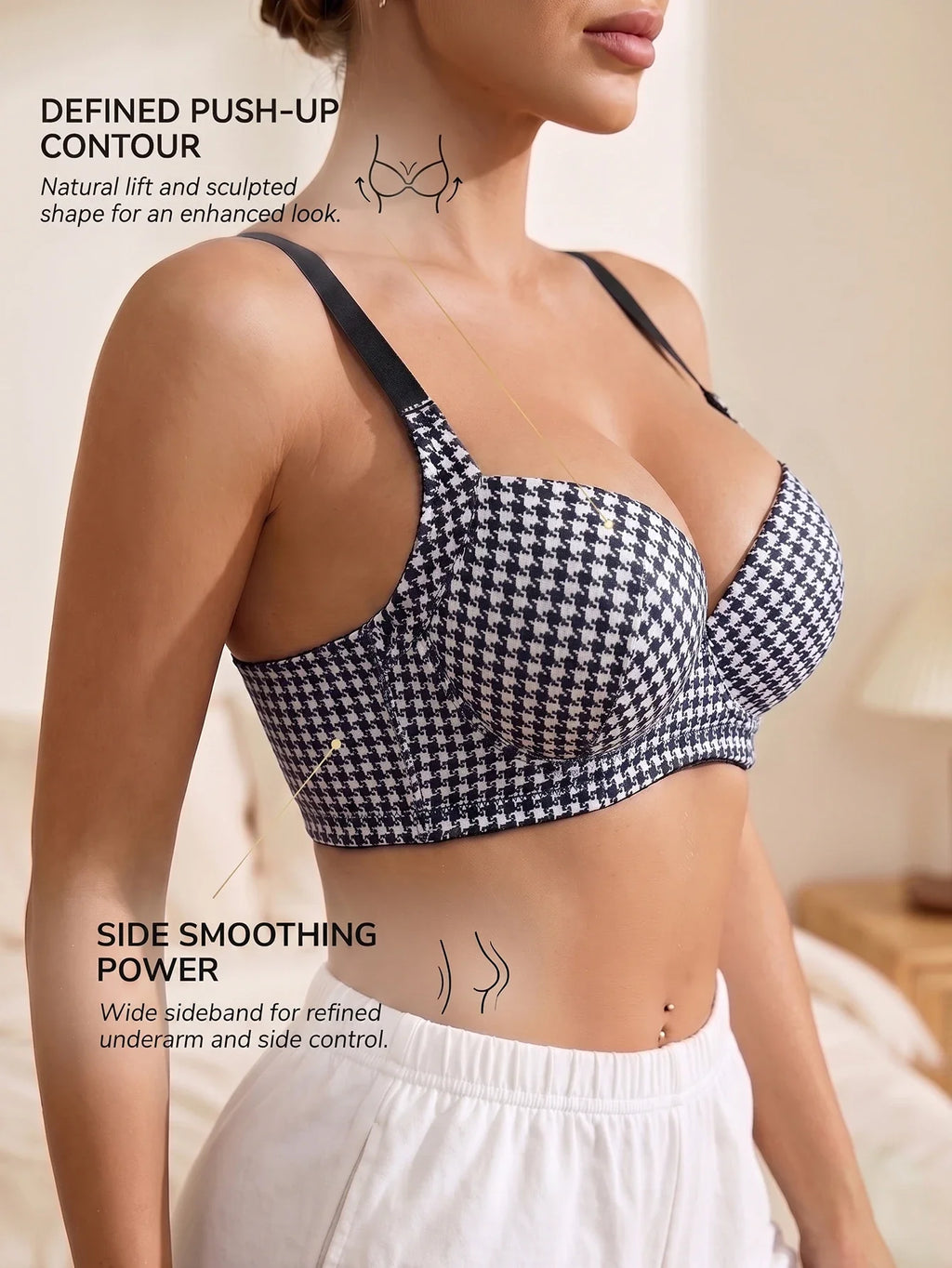 Women's Plaid Push-Up Bra Wide Straps Seamless Smoothing Underwear Underwire Side Support Adjustable Bra for Daily Wear