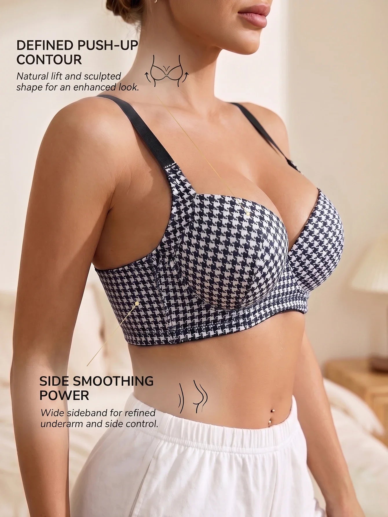 Women's Plaid Push-Up Bra Wide Straps Seamless Smoothing Underwear Underwire Side Support Adjustable Bra for Daily Wear