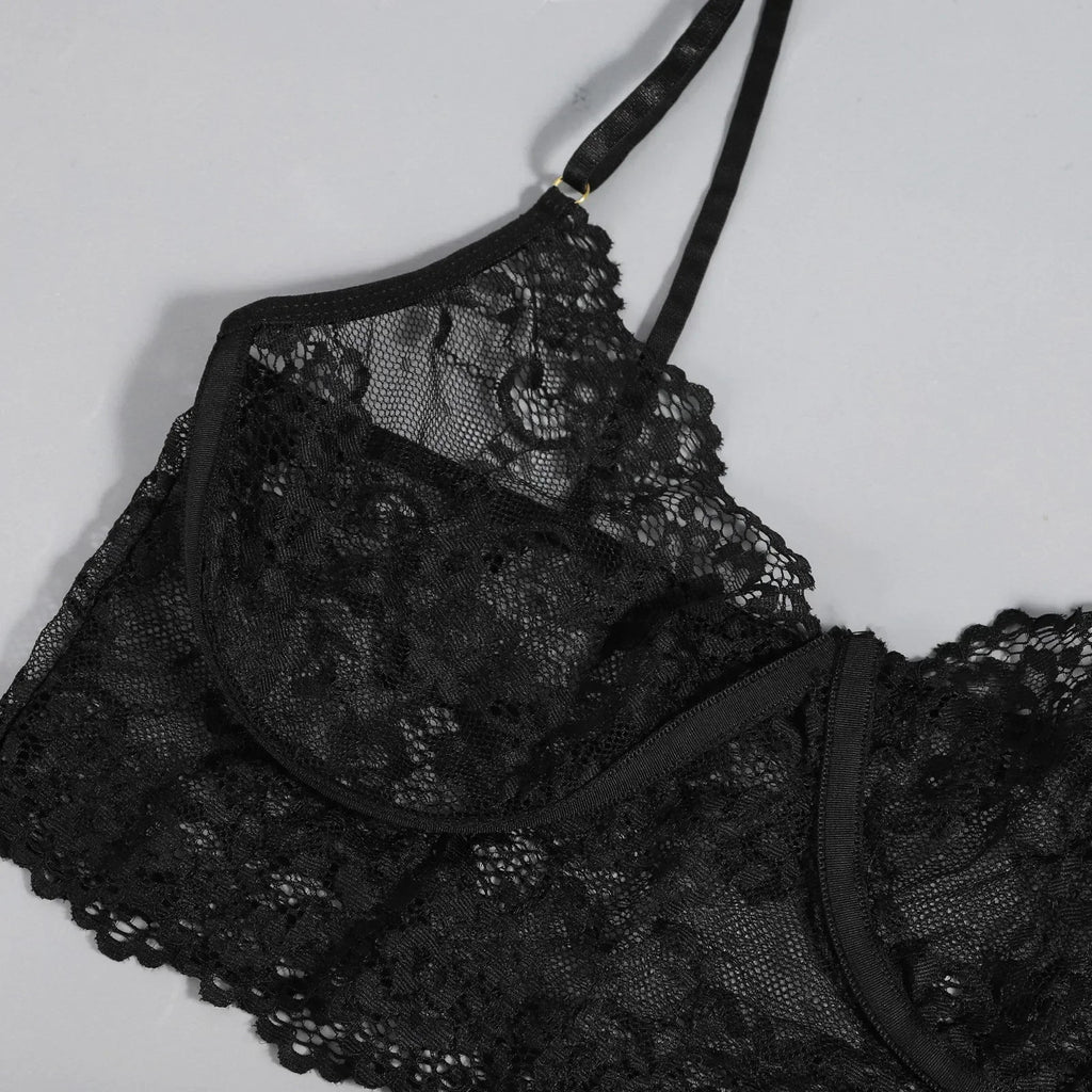 3PCS Lace See Through Bra Set Women Sexy Lingerie Underwear Halter Tops Bra and Panties Garter Intimate Sex Costumes