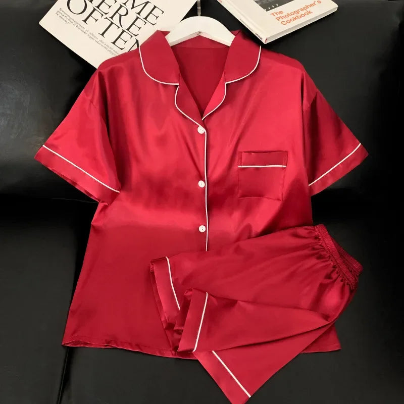 Sweet Simple Ice Silk Pajamas for Women  Thin Short-sleeved Home Clothes Suit Nightwear Women's Pajamas Set Nightie Summer