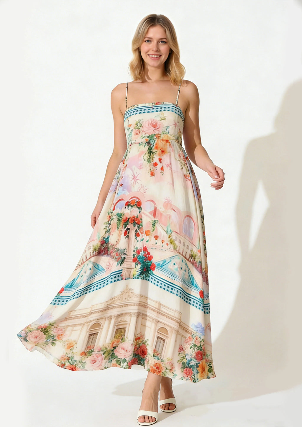 Women Floral Geometric Neck Long Party Dress Fashion Sleeveless Spaghetti Strap Dress Fashion Vacation Cocktail Flowy Sun Dress