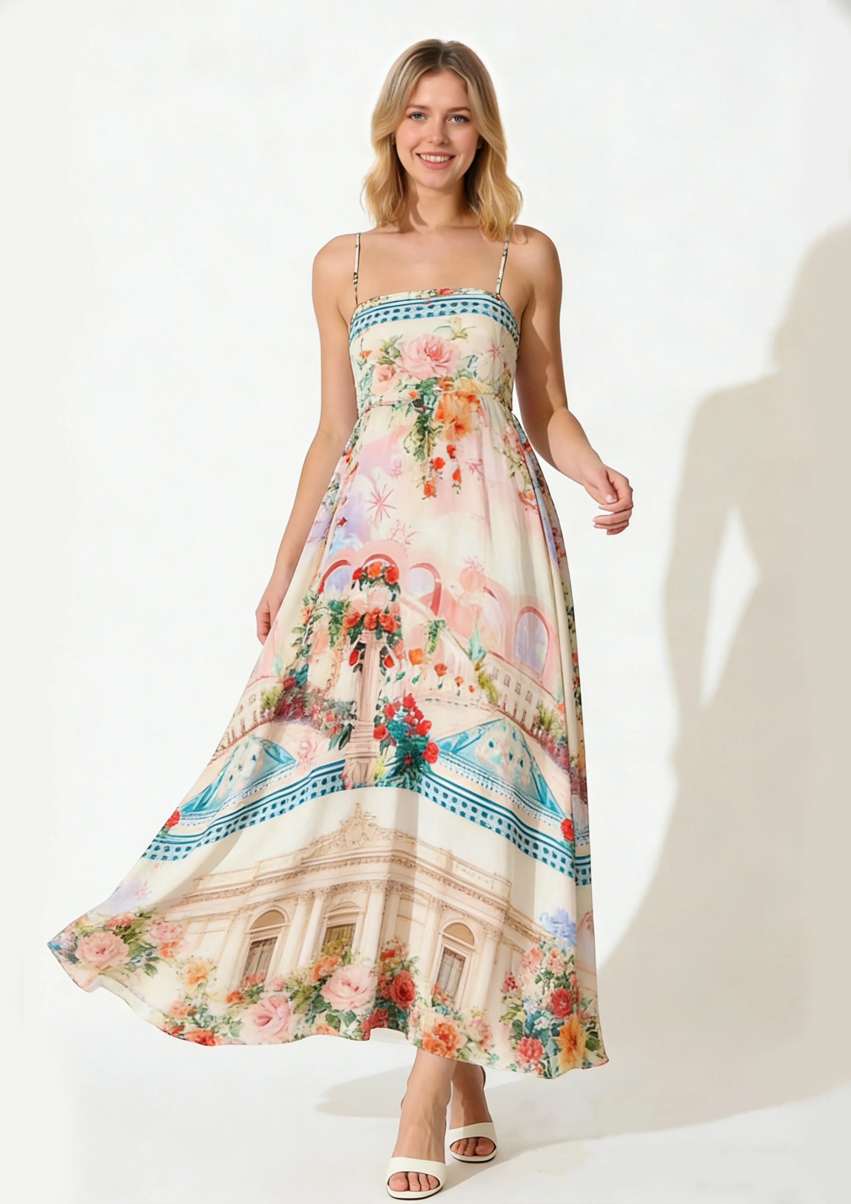 Women Floral Geometric Neck Long Party Dress Fashion Sleeveless Spaghetti Strap Dress Fashion Vacation Cocktail Flowy Sun Dress