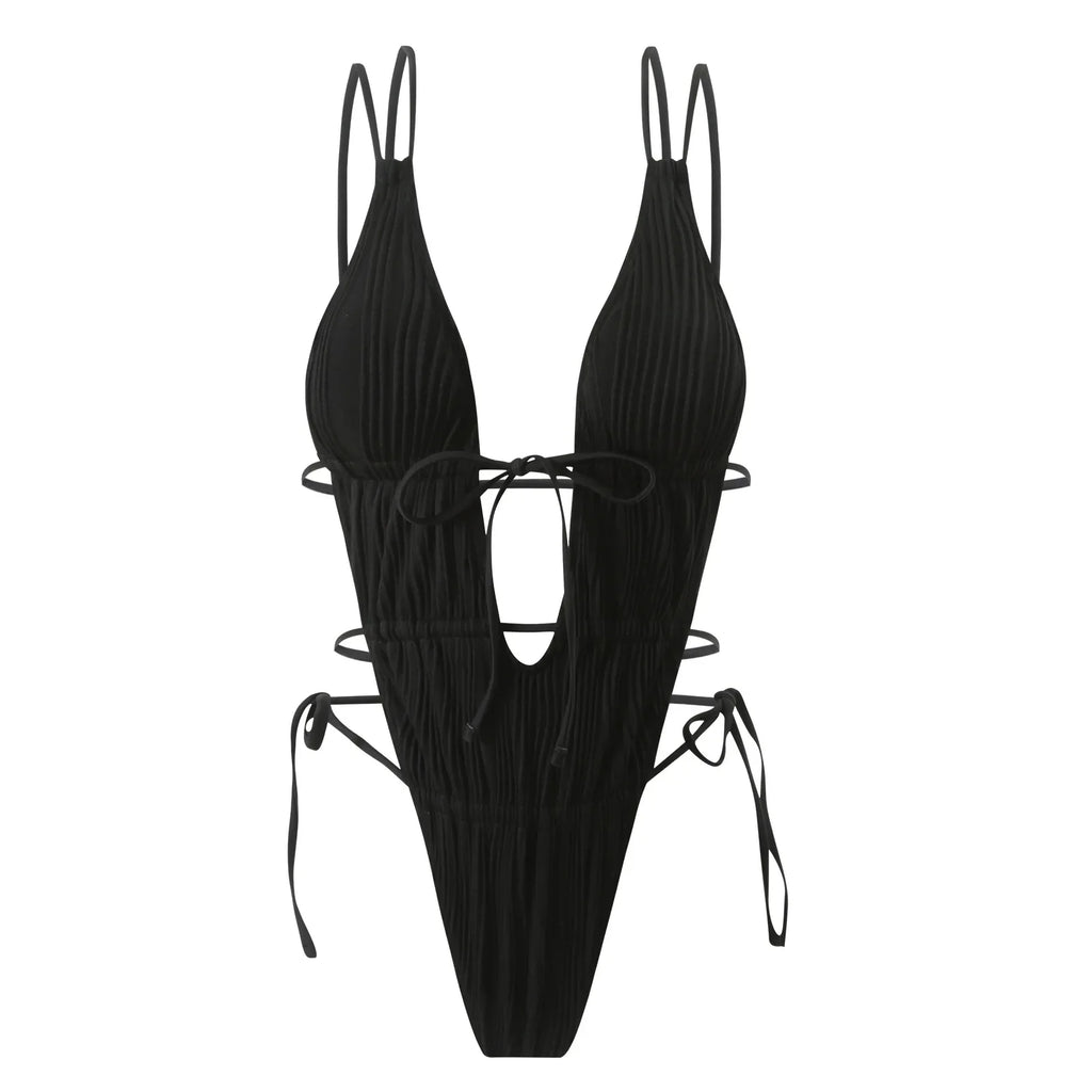 2026 New Deep V One Piece Black Swimsuit Halter Solid Color Women's Backless Bathing Suit Bandage White Swimwear For Female