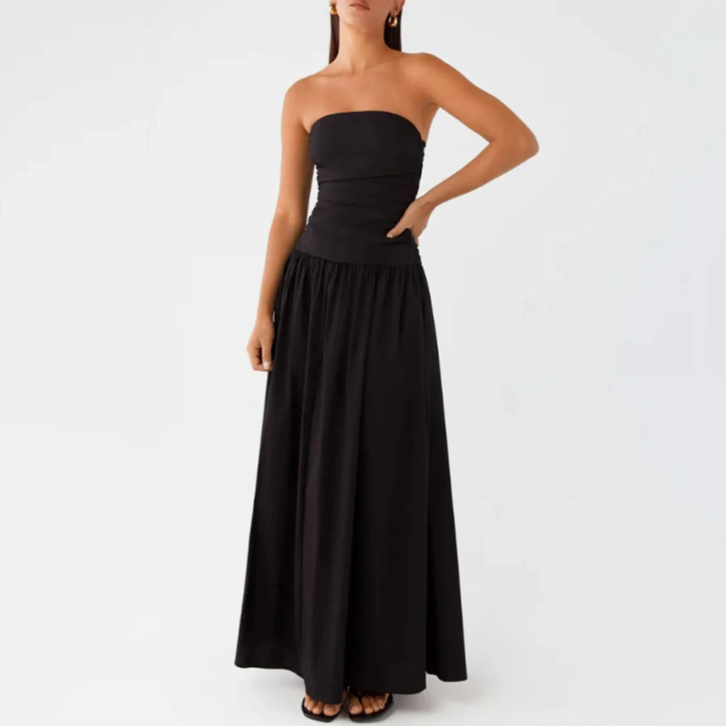 Elegant Strapless Maxi Tube Dress Women Ruched Long Sundress Boat Neck Sleeveless Strapless Flowy Dresses Party Clubwear