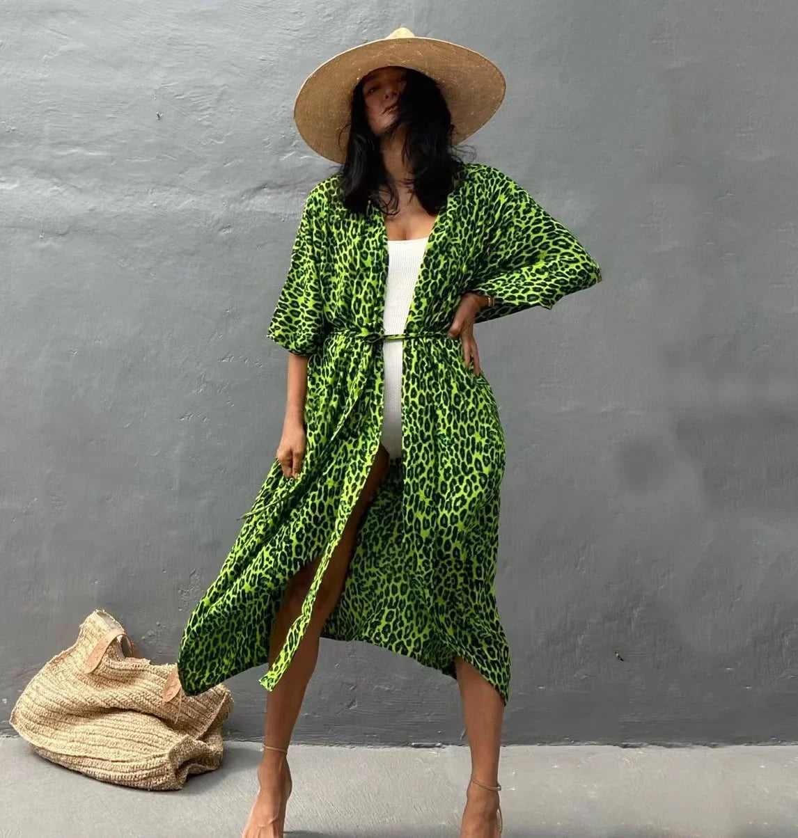 2024 New Summer Sexy Beach Kimono Swimwear Cotton Cover Up Swimsuit Women Print Bikini Cover Up Beachwear Dress Robe
