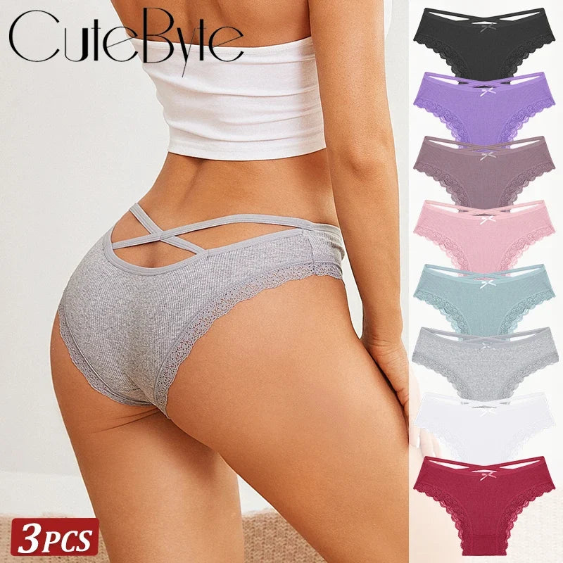 3PCS/Set Women Cotton Panties Low Waist Sexy Lace Brazilian Briefs Female Cross Webbing Underpants Soft Breathable Lingerie S-XL