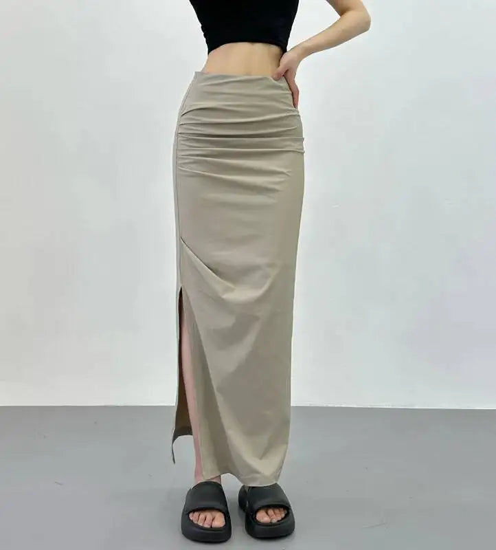 2026 New Pleated Side High Slit Half Length Skirt Women's Summer Spicy Girl Pure Desire Slim Wrap Hip Solid A-line Skirt 7MHN