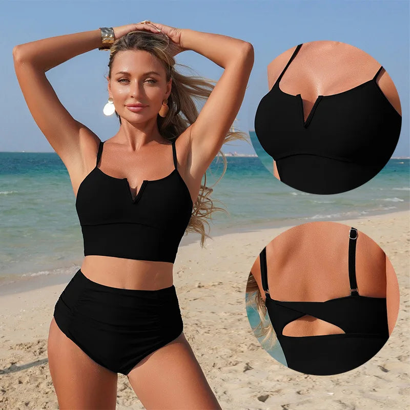 2026 New Black Women's Bikini Sexy Blue Two-Piece Swimwear High Elasticity Quick Dry Nylon Fabric with Chest Pad Orange Swimsuit