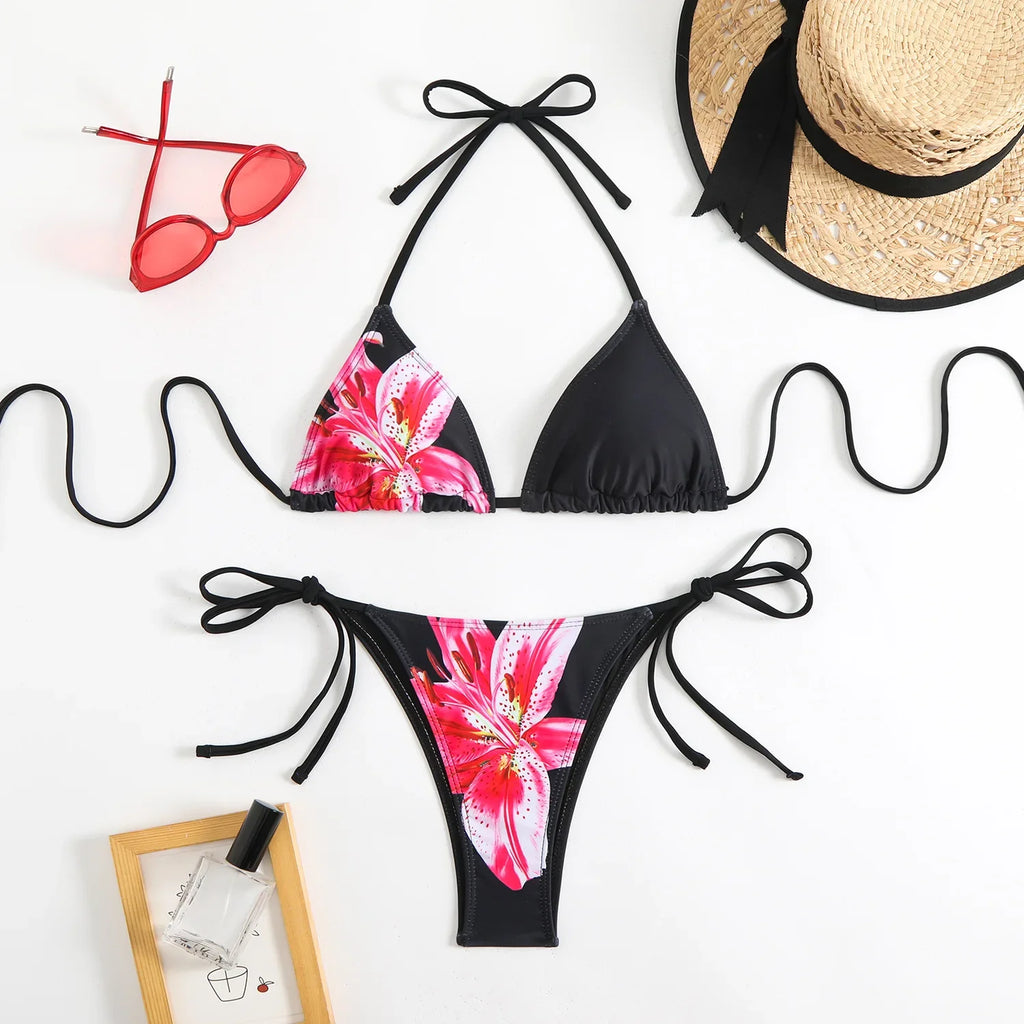 Sexy Micro Bikini 2025 Women Black Floral Print Push Up Bra Tie Side Thong Swimsuit Brazilian Beach Bathing Suit Pool Swimwear