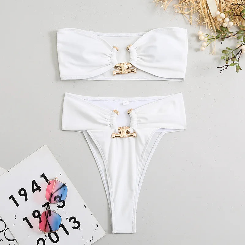 Luxury Metal Designer High Waist Bikinis Sets Women Solid White Black Bandeau Push Up Swimwear 2024 Bathing Suit Thong Swimsuit