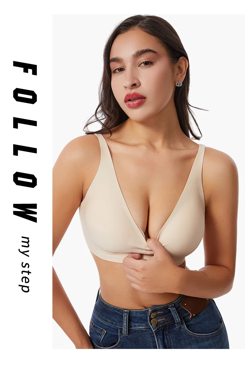Women's Deep V Jelly Seamless Bra Wire-Free 3D Soft Support Thin Molding Leopard Print Solid Color Comfortable Bra Underwear