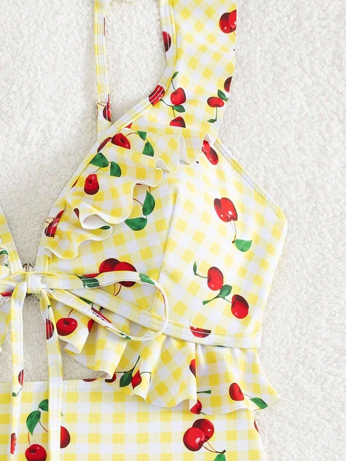 Vintage Pink Starberry Print One Piece Swimsuit 2026 Women Ruffles Bandage Cross High Waist Bikini Beach Bathing Suit Swimwear