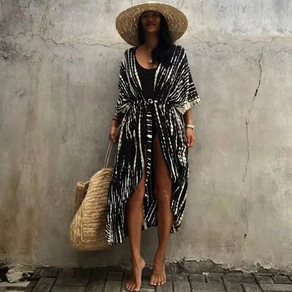 2024 New Summer Sexy Beach Kimono Swimwear Cotton Cover Up Swimsuit Women Print Bikini Cover Up Beachwear Dress Robe