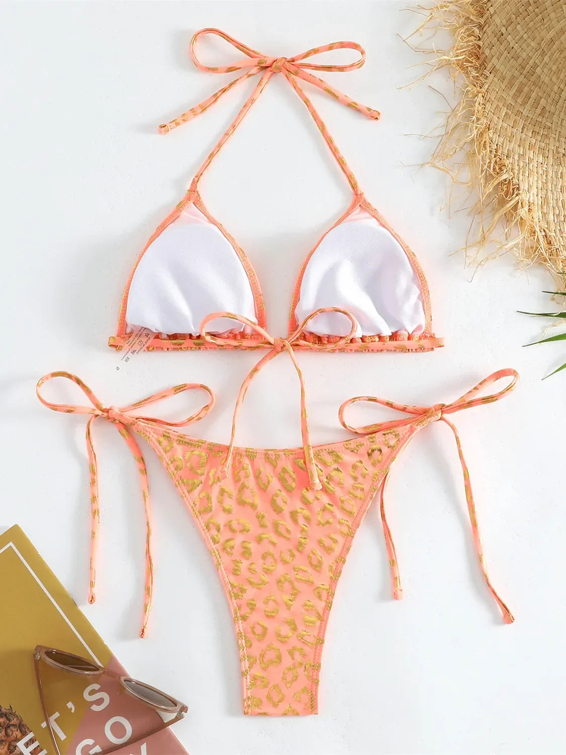 Sexy Orange Leopard Print Bikini Set 2024 Women Halter Push Up Bra Tie Side Thong Swimsuit Summer Backless Bathing Suit Swimwear