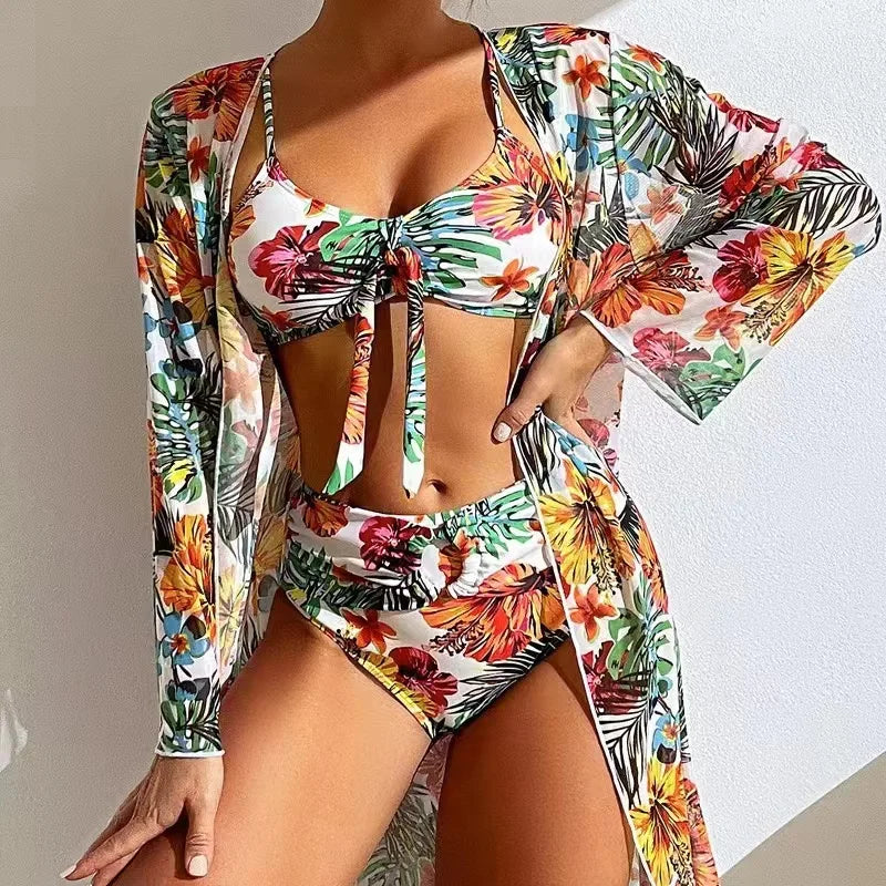 2024 Luxury Sexy High Waisted Bikini Three Pieces Floral Printed Swimsuit Women Bikini Set With Mesh Long-Sleeved Blouse Female